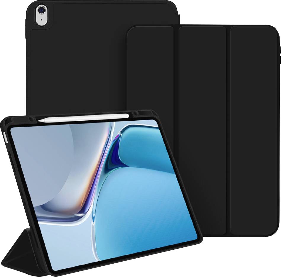 Tablette avec une coque noire en mode support, l'écran affiche un design abstrait bleu et blanc.