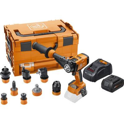 Un ensemble d'outils électriques orange comprenant plusieurs accessoires, un chargeur et une mallette. Adapté pour des travaux de perçage et de vissage polyvalents.