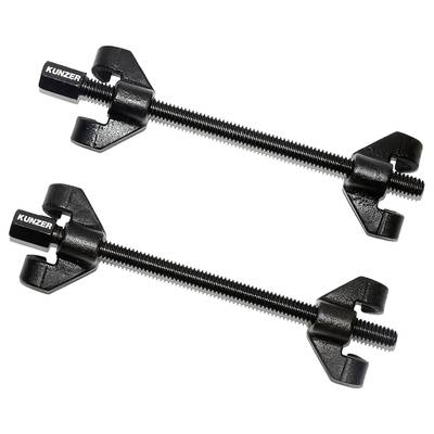 Deux tendeurs de ressorts à compression noirs avec tiges filetées et crochets aux extrémités, utilisés pour maintenir en toute sécurité les ressorts de suspension dans les véhicules.