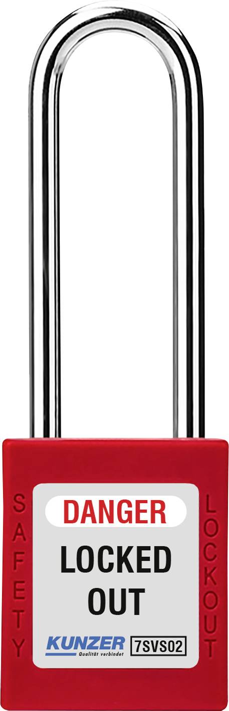 Un cadenas rouge et noir portant l'inscription 'DANGER LOCKED OUT', utilisé pour des mesures de sécurité afin de sécuriser l'équipement.