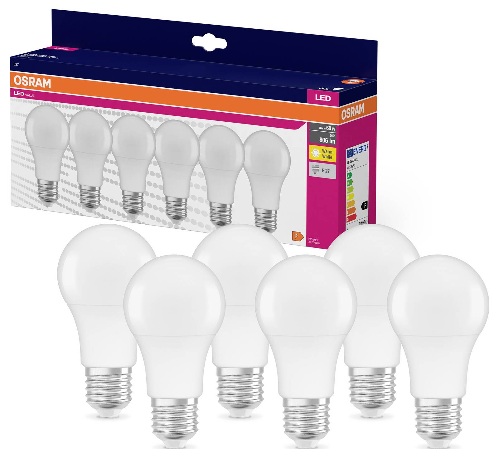 Six ampoules LED devant un emballage Osram présentant quatre autres ampoules. Produit économe en énergie doté d'une technologie moderne.