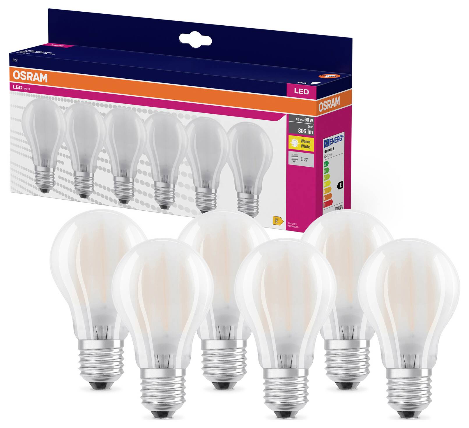 Six ampoules LED et leur emballage de la marque OSRAM. L'emballage présente la description du produit et la classe d'efficacité énergétique.