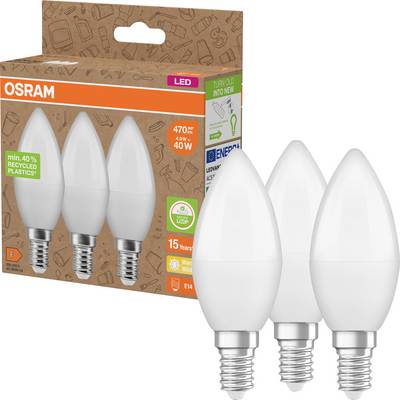 Lot de trois ampoules LED bougie OSRAM présenté, marqué 470 lm, 4,9W, équivalent 40W et culot E14.