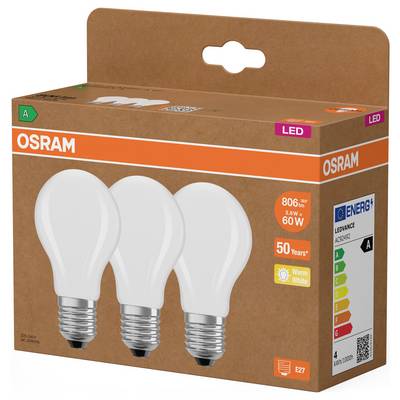 Boîte d'ampoule LED OSRAM montrant trois ampoules, étiquetées 8,5W, équivalent 60W, blanc chaud, E27, et efficacité énergétique A.