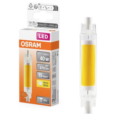 Lampe LED dans un emballage transparent de OSRAM. Caractéristiques : 4,5 W, 40 W, 470 lm, 360°, durée de vie 15 ans, couleur de lumière 'Blanc chaud'.