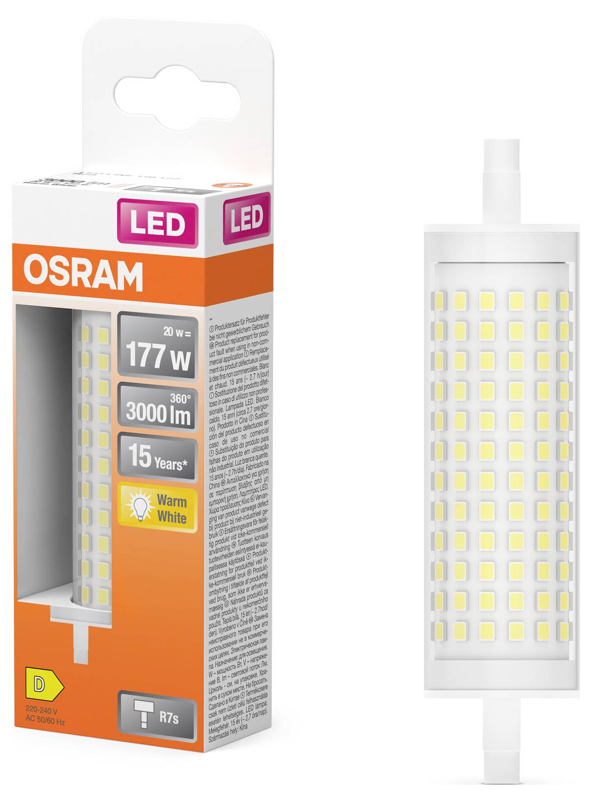 Lampe LED OSRAM à côté de son emballage correspondant. L'emballage indique les spécifications : 20W, Remplacement 177W, 3000lm, 15 ans, Blanc chaud.