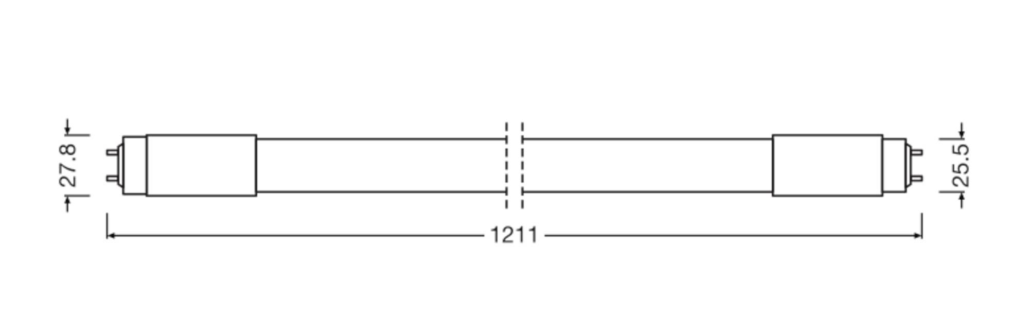 Dessin d'un tube fluorescent linéaire, long de 1211 mm, diamètre aux extrémités : 27,8 mm et 25,5 mm.