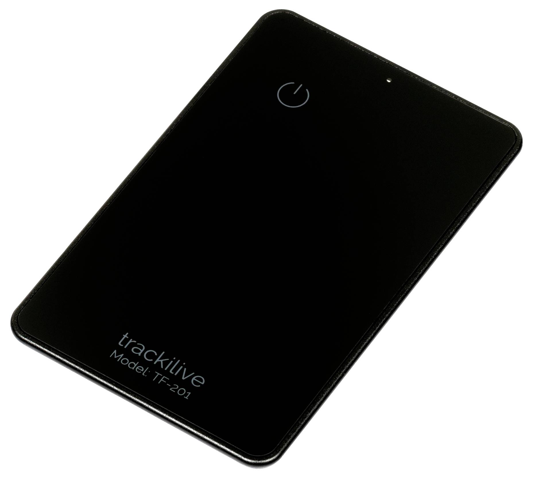 Traceur GPS portable noir, modèle 'trackilive TF-201', doté d'un bouton marche/arrêt et d'un indicateur LED sur la face avant.