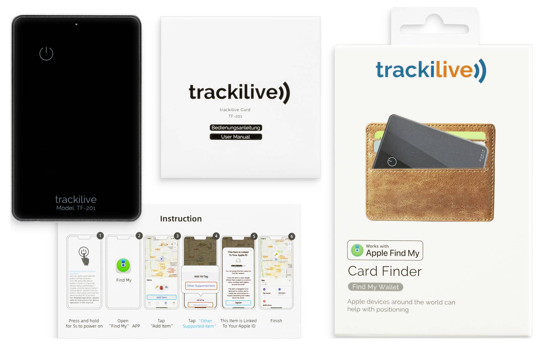 Emballage et composants du 'trackilive Card Finder'. Contient un appareil noir, un mode d'emploi et un guide avec des illustrations.