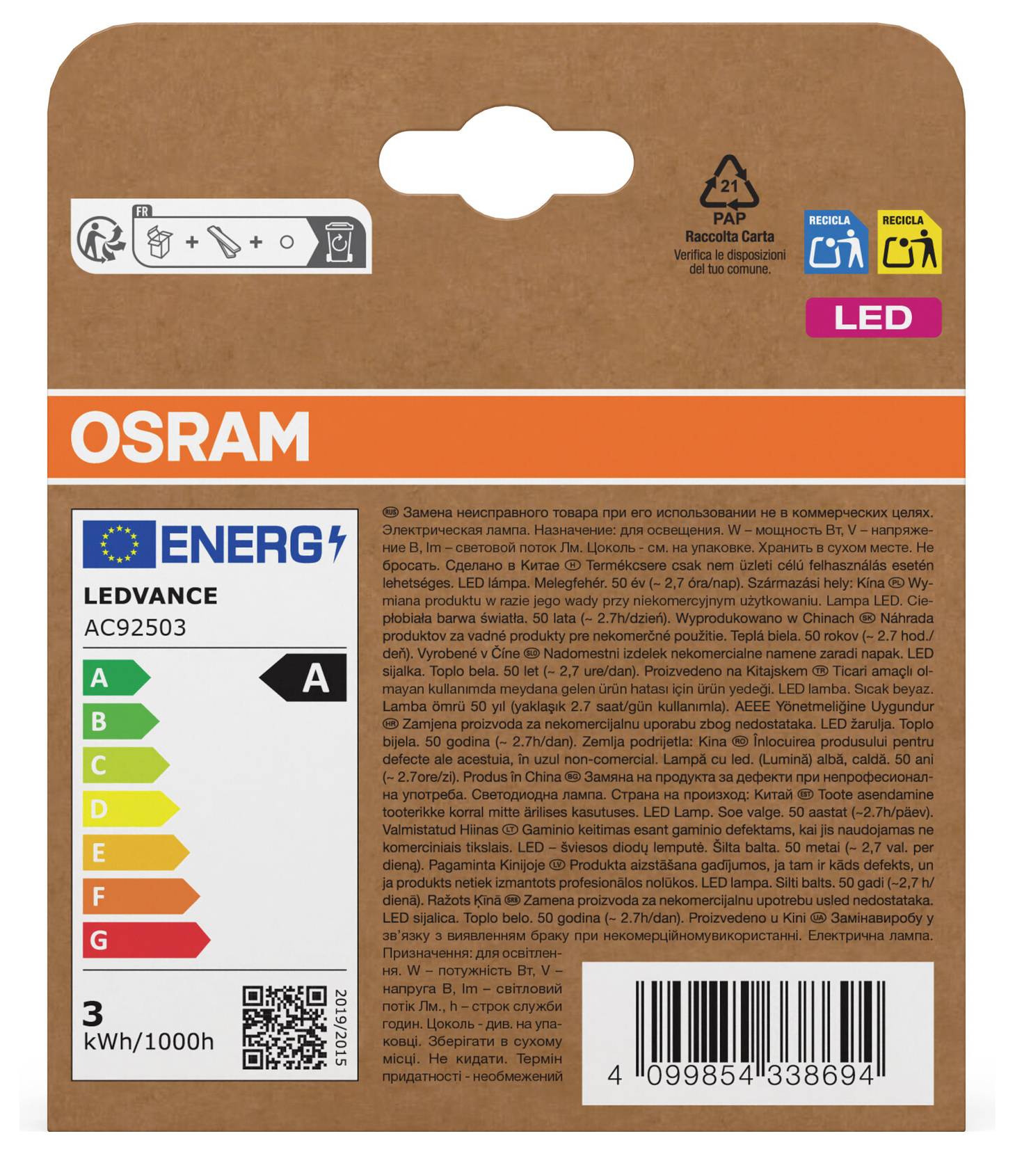 Étiquette d'emballage d'ampoule électrique OSRAM LEDVANCE affichant une classification énergétique A et 3 kWh/1000h, avec code-barres et symboles de recyclage.