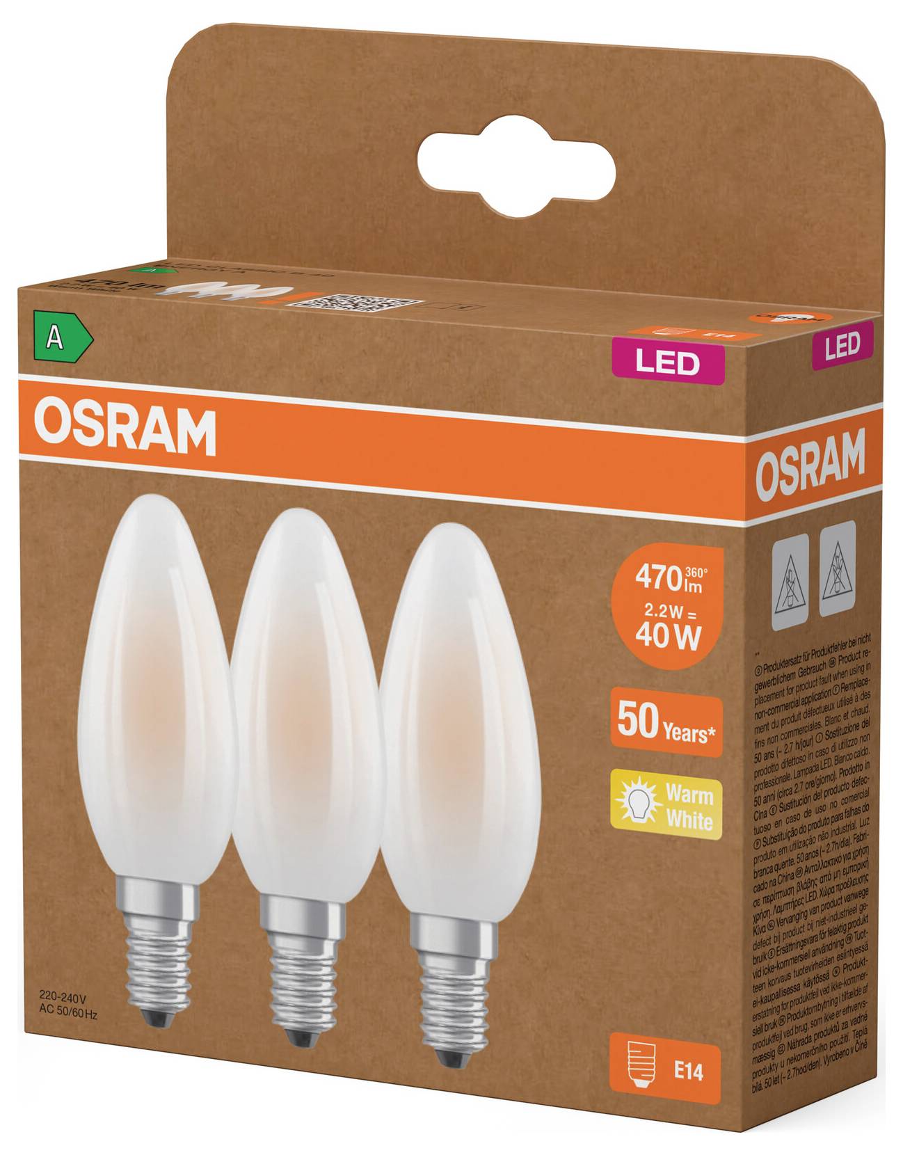 Boîte d'ampoules LED OSRAM contenant trois ampoules en forme de bougie dépoli, étiquetées équivalent 40W, 470 lumens, blanc chaud, culot E14, classe énergétique A.