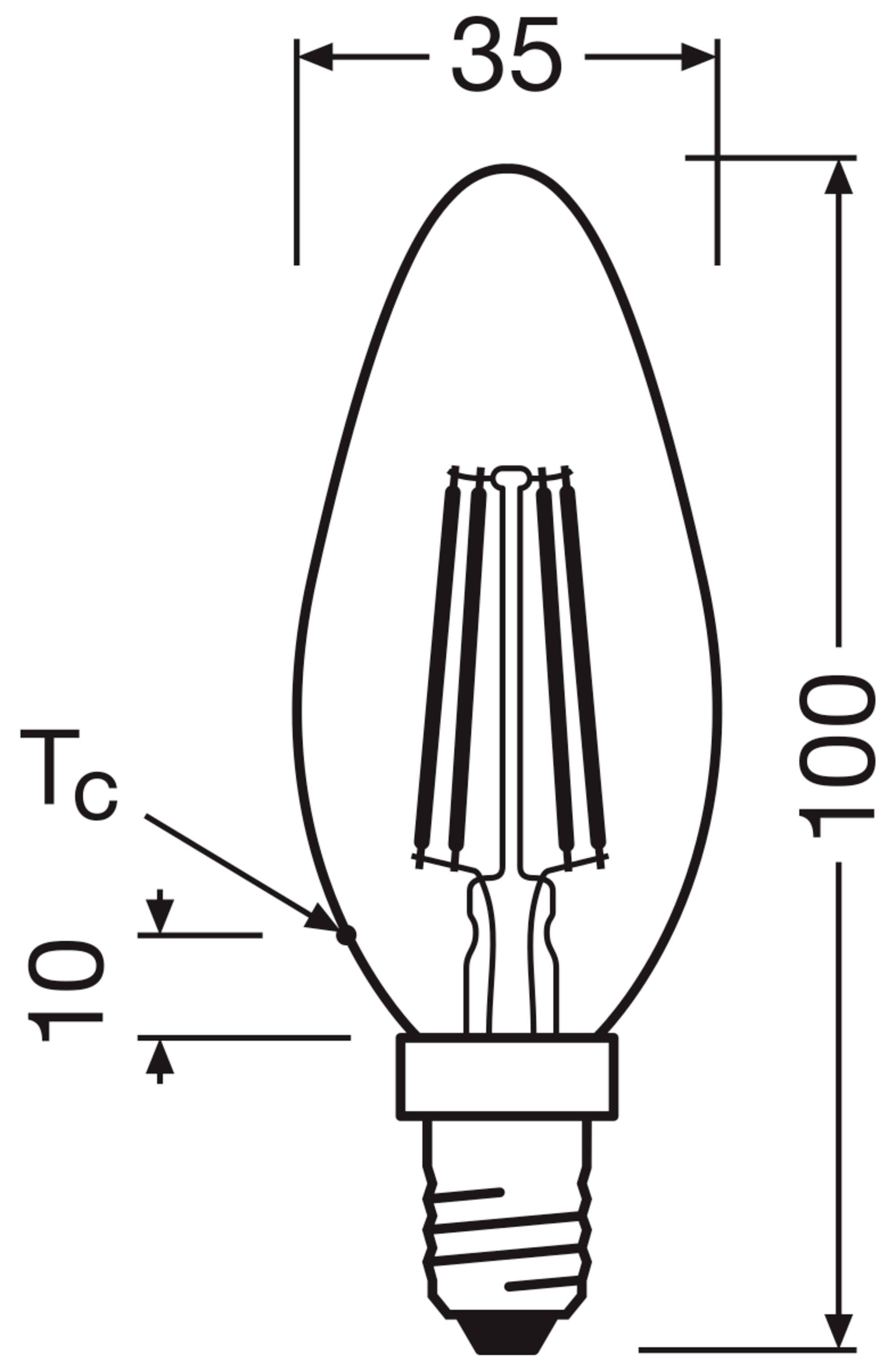 Un dessin schématique d'une ampoule avec les dimensions de 35 mm de diamètre et 100 mm de longueur, avec une indication de Tc de 10 mm.