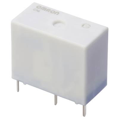 Un relais blanc rectangulaire avec quatre broches métalliques sur sa face inférieure. La marque 'OMRON' est imprimée sur le dessus.