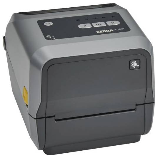 Imprimante d'étiquettes de couleur grise avec différents boutons de commande sur le dessus et le logo 'Zebra ZD621' sur l'avant.
