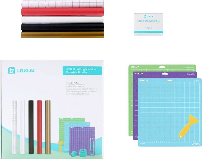 Contenu du package pour traceur de découpe : Plusieurs rouleaux de vinyle en rouge, noir, blanc, or ; tapis de coupe ; kit d'outils ; manuel d'instructions.