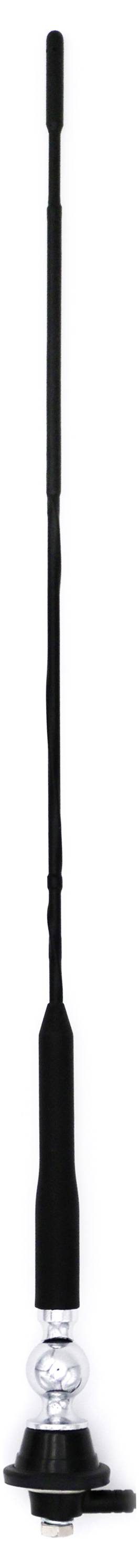 Longue antenne noire avec socle rond, adaptée aux véhicules ou aux appareils électroménagers, destinée à améliorer la réception du signal.