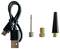 Câble USB avec connecteur USB-C, soupape à aiguille en métal, adaptateur en laiton et adaptateur conique noir côte à côte.