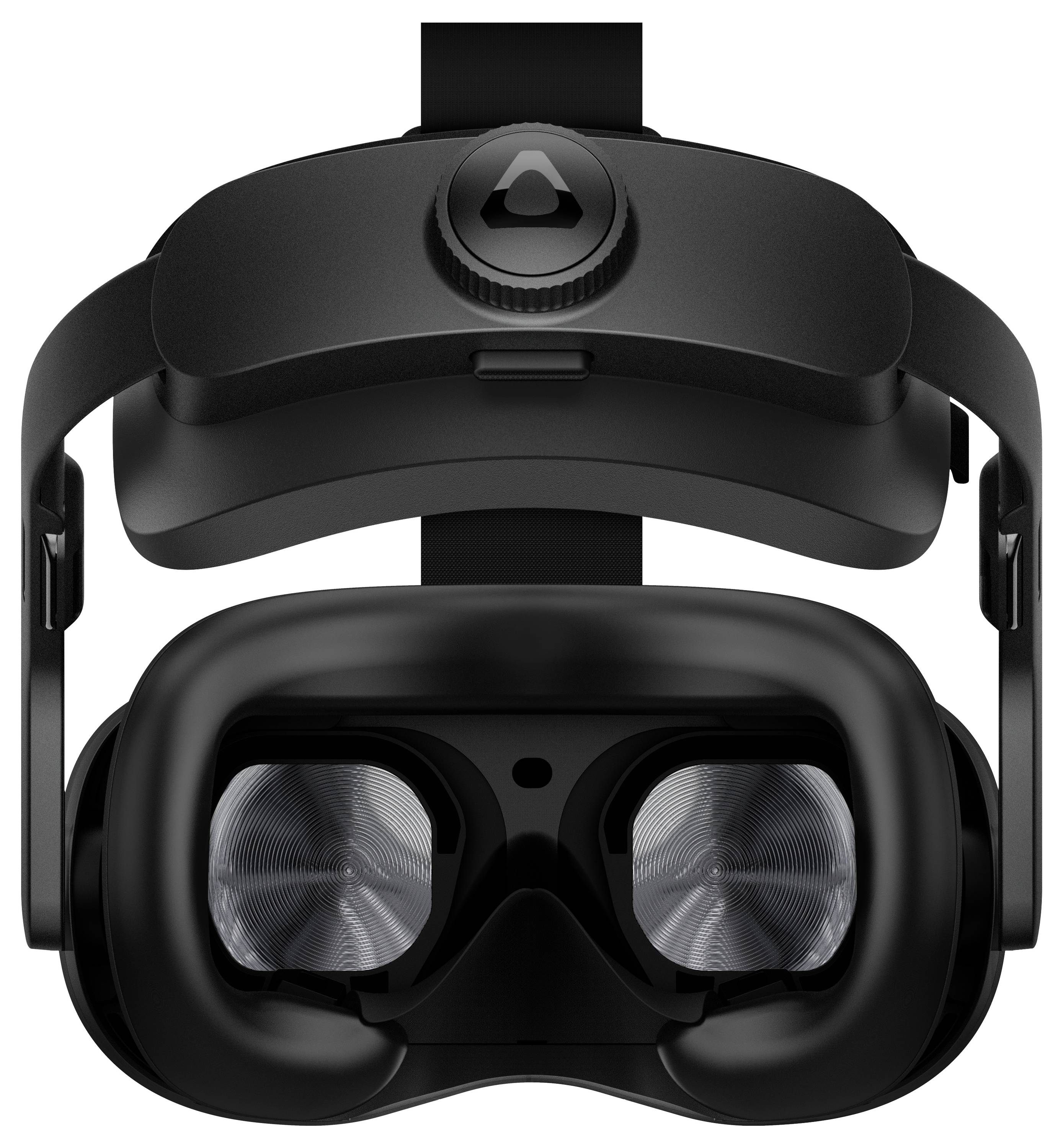 Casque de réalité virtuelle en noir, vue de face, montrant les lentilles et la sangle de tête. Conçu pour des expériences VR immersives.