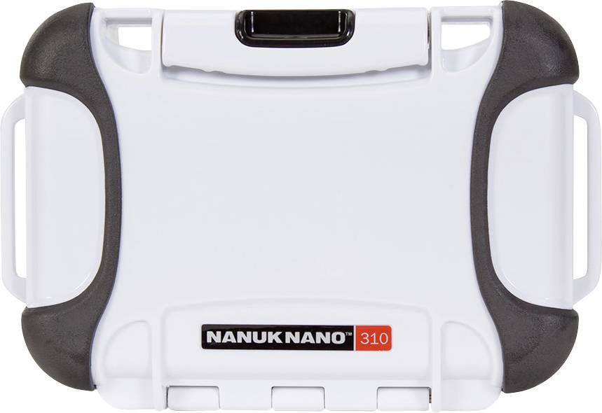 Étui Nanuk Nano 310, boîtier blanc robuste avec coins noirs, pour la protection des appareils électroniques.