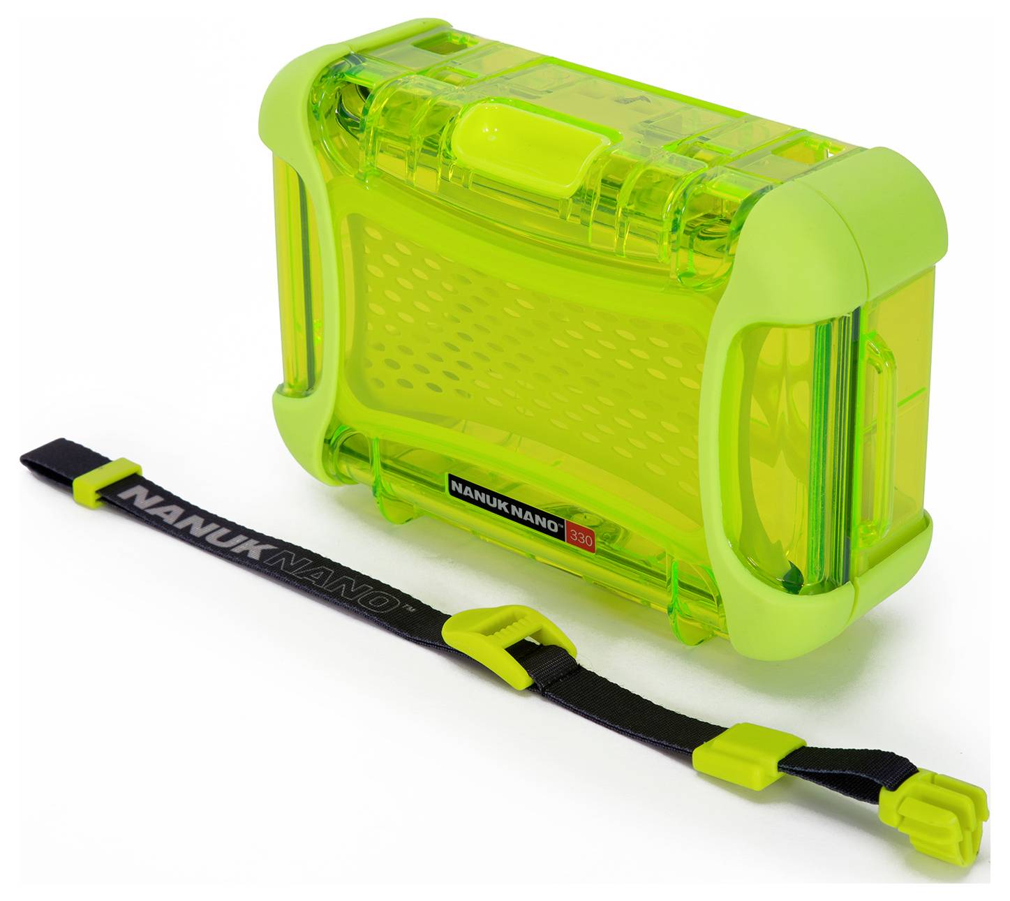 Boîtier Nanuk robuste en vert transparent avec une sangle noire ajustable. Idéal pour protéger de petits objets.