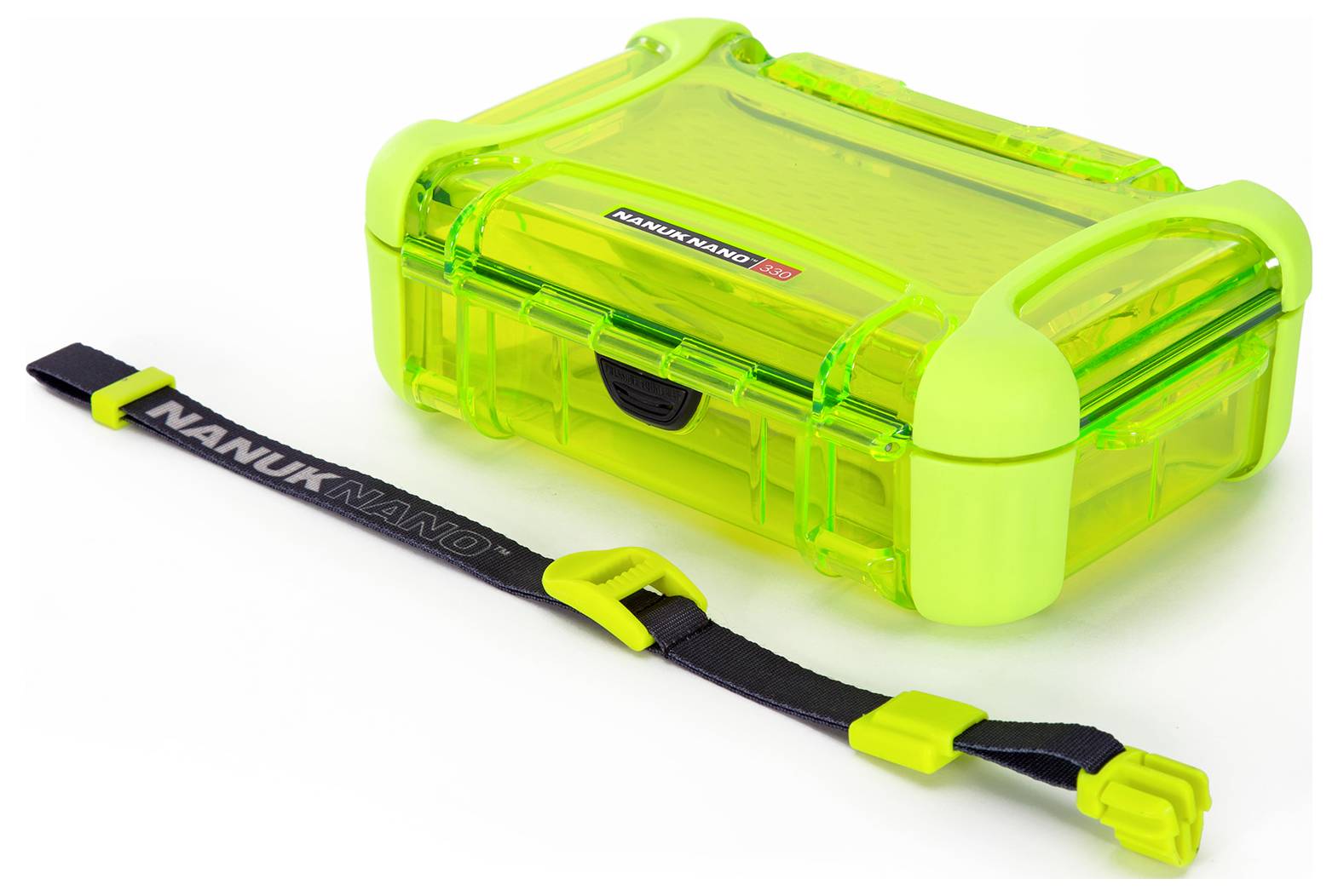 Un étui de rangement vert vif avec une sangle noire amovible.