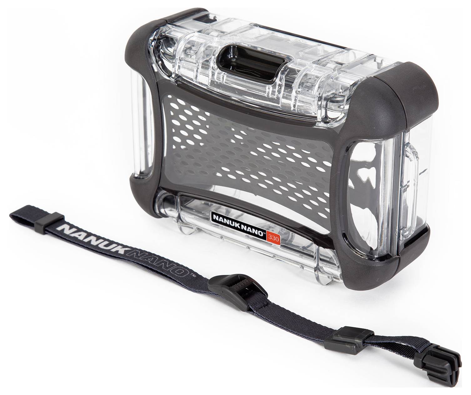 Boîte en plastique transparent avec un cadre noir et un design, portant un logo 'Nanuk' et une bandoulière noire.
