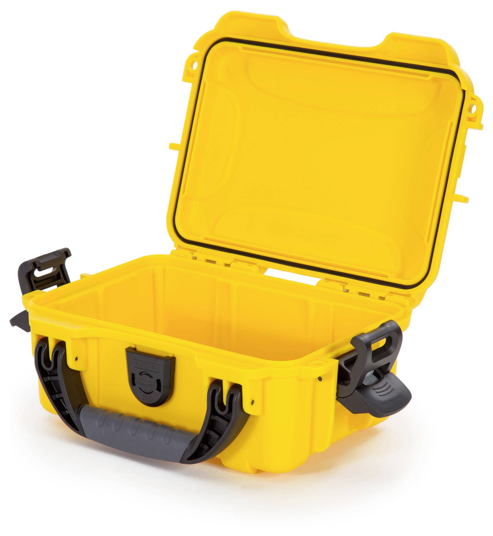 Étui en plastique jaune, robuste, avec couvercle ouvert et poignée noire. Idéal pour le transport sécurisé d'objets fragiles.