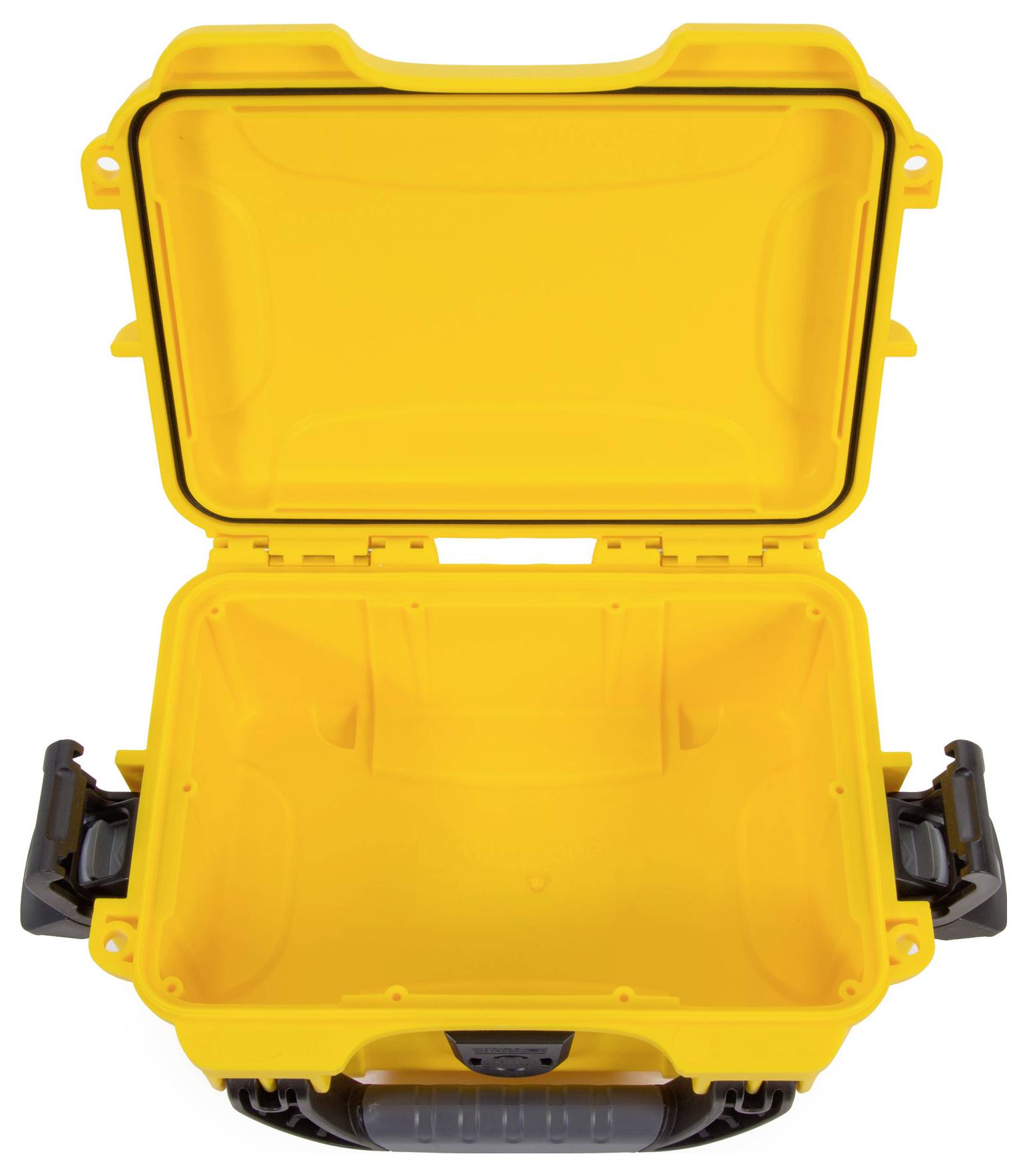 Valise de sécurité jaune, ouverte, au design robuste, équipée de deux poignées noires et d'un grand compartiment intérieur. Idéale pour protéger l'équipement.