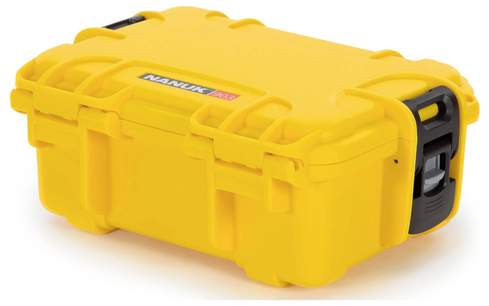 Étui de protection jaune, robuste, avec fermeture noire, adapté pour le transport sécurisé d'équipements sensibles.