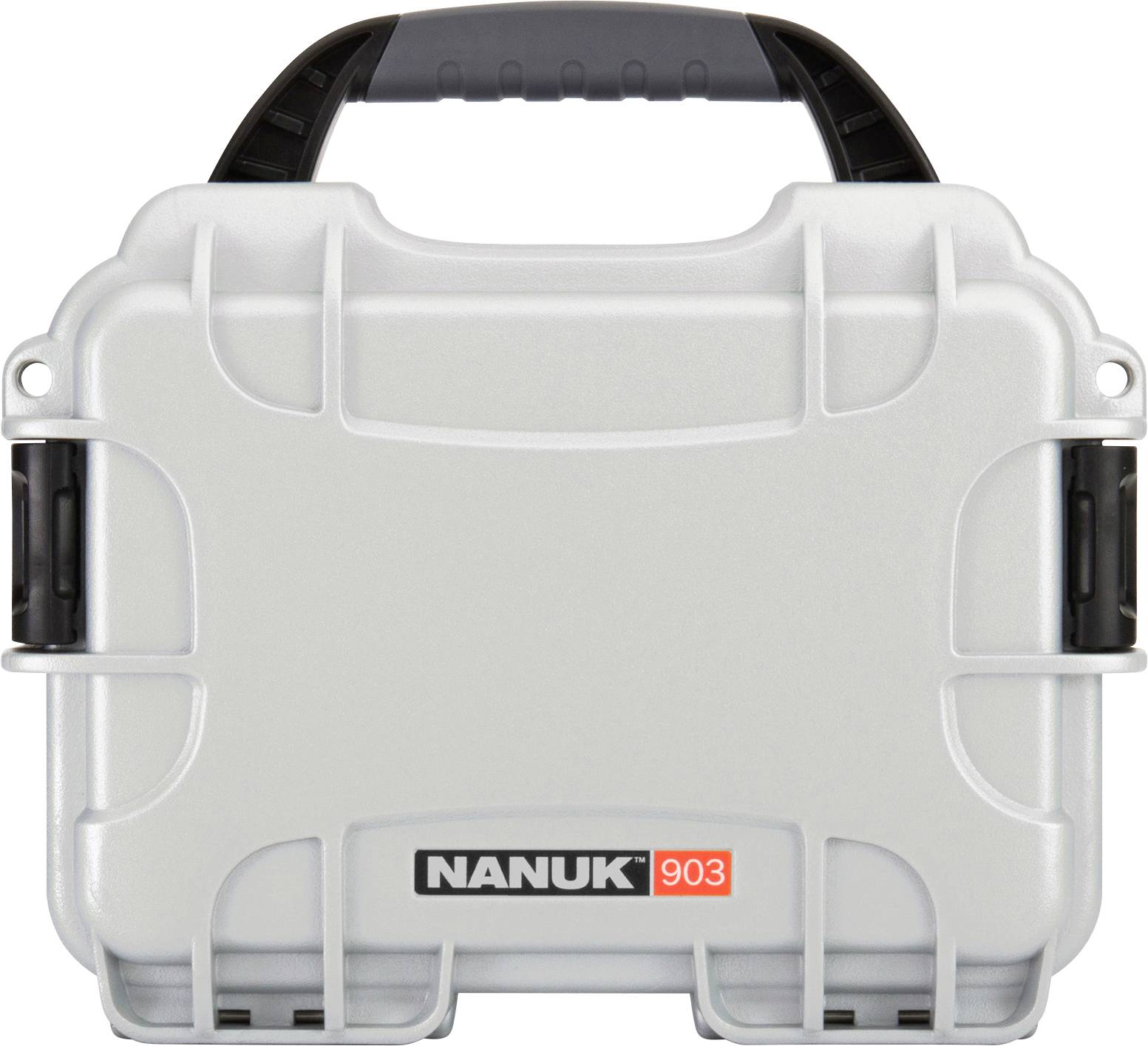 Un étui de protection gris avec une poignée noire, dont l'avant est marqué 'NANUK 903'.