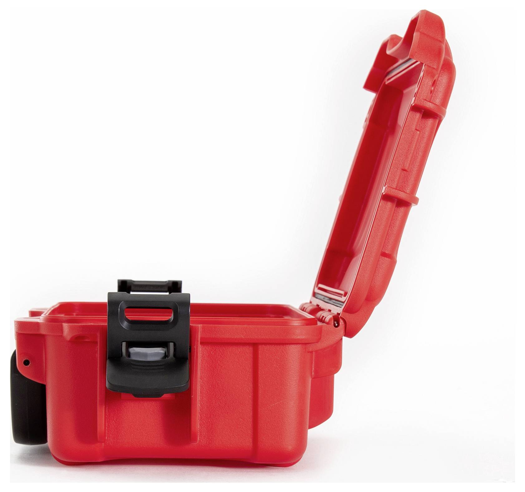 Une valise rouge ouverte avec une fermeture noire, présentée de côté. Adaptée au rangement sécurisé et au transport.