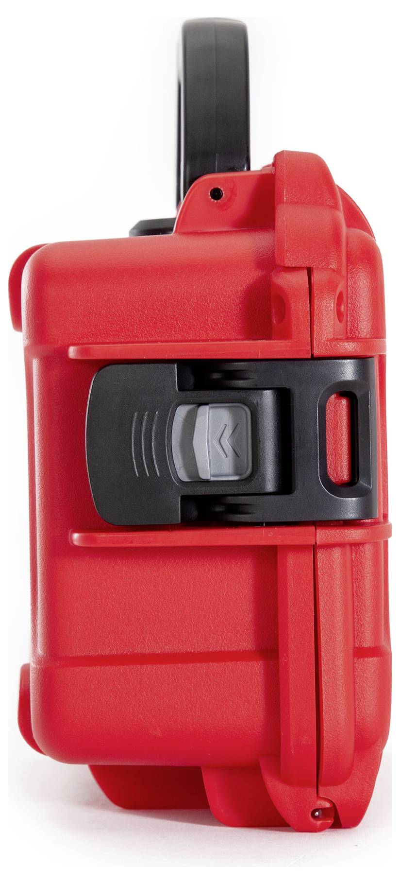 Valise rigide rouge avec fermeture et poignée noires.