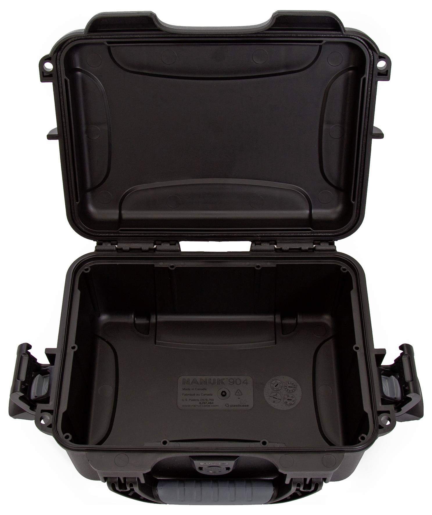 Un coffret de transport noir ouvert, au design robuste, prêt à stocker ou transporter des objets délicats.