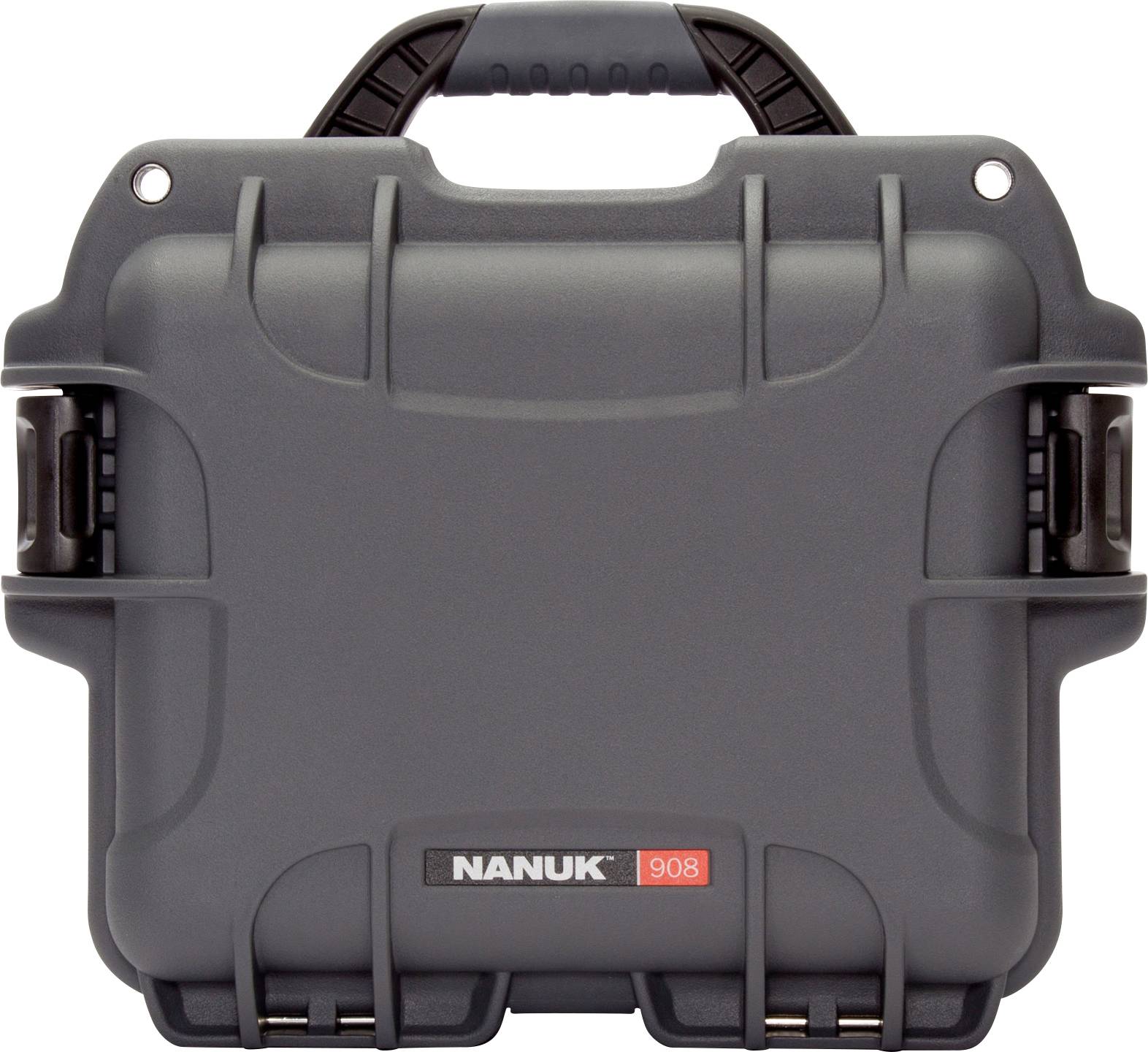 Un boîtier de protection robuste Nanuk 908 gris-noir avec poignée et deux fermetures latérales, idéal pour le transport sécurisé des équipements.