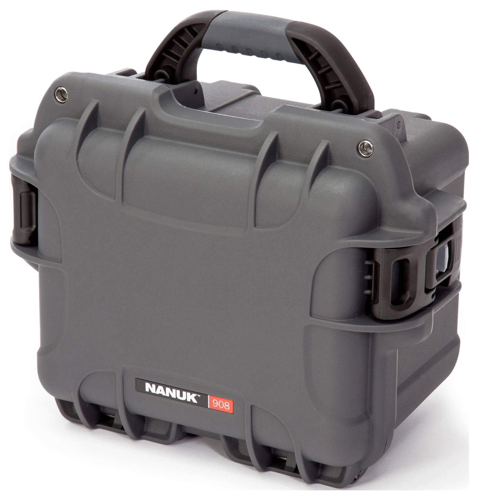 Étui de protection Nanuk 908 gris, robuste, avec poignée de transport. Idéal pour le stockage et le transport sécurisés d'équipements délicats.