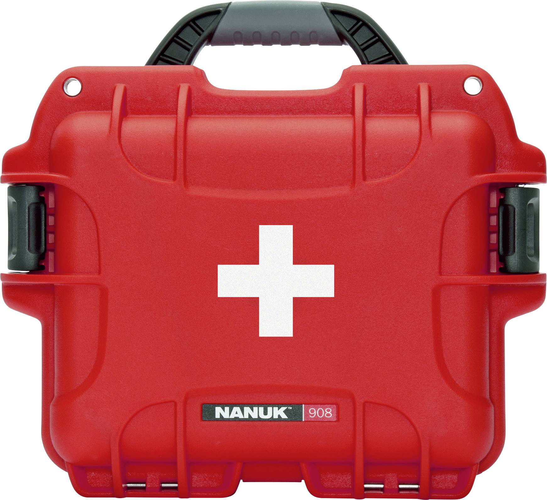 Trousse de premiers secours rouge avec une croix blanche sur l'avant, munie d'une poignée en plastique robuste, adaptée aux situations d'urgence.