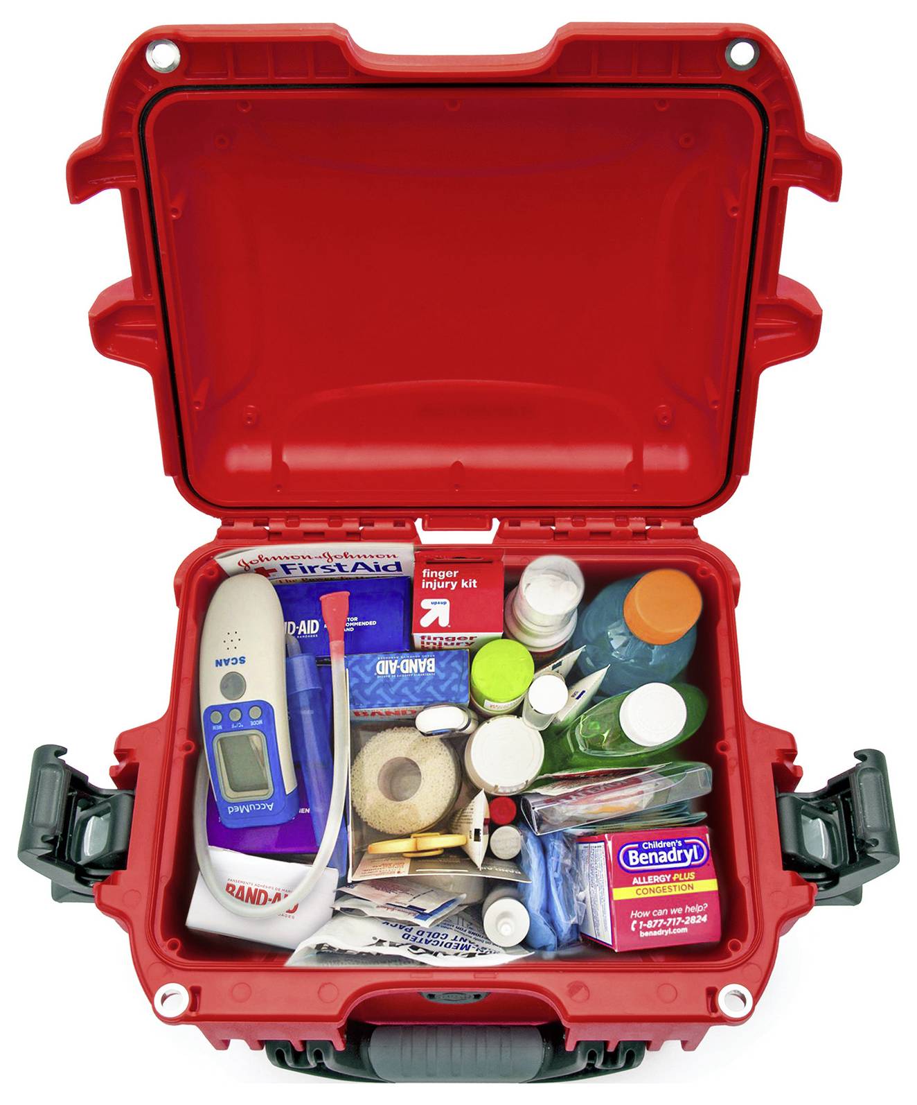 Un coffret de premiers secours rouge est ouvert et montre une variété d'articles médicaux tels que des bandages, des pansements et des flacons de médicaments.