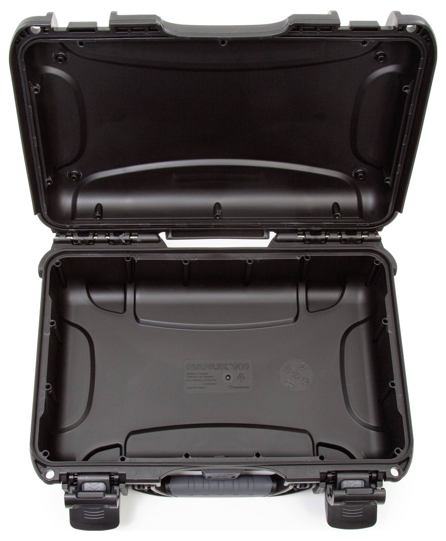 Une valise rigide noire ouverte, vide à l'intérieur ; idéale pour protéger et transporter des objets fragiles.