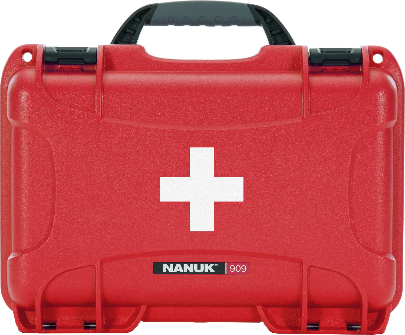Coffret de premiers secours rouge avec une croix blanche sur l'avant.