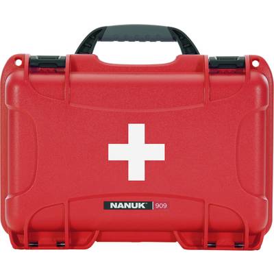 Coffret de premiers secours rouge avec une croix blanche sur l'avant.