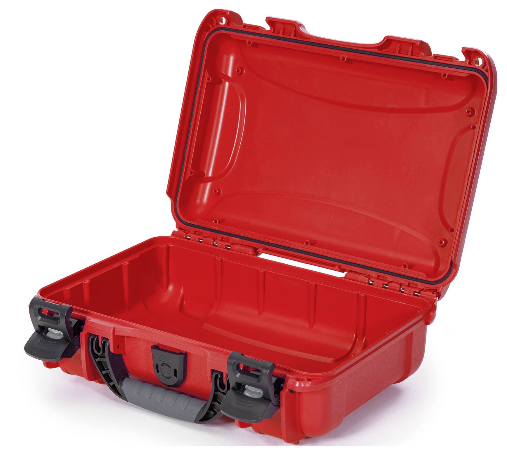 Valise rigide rouge, ouverte, avec une poignée et des fermetures noires. Idéale pour protéger des objets fragiles lors du transport.