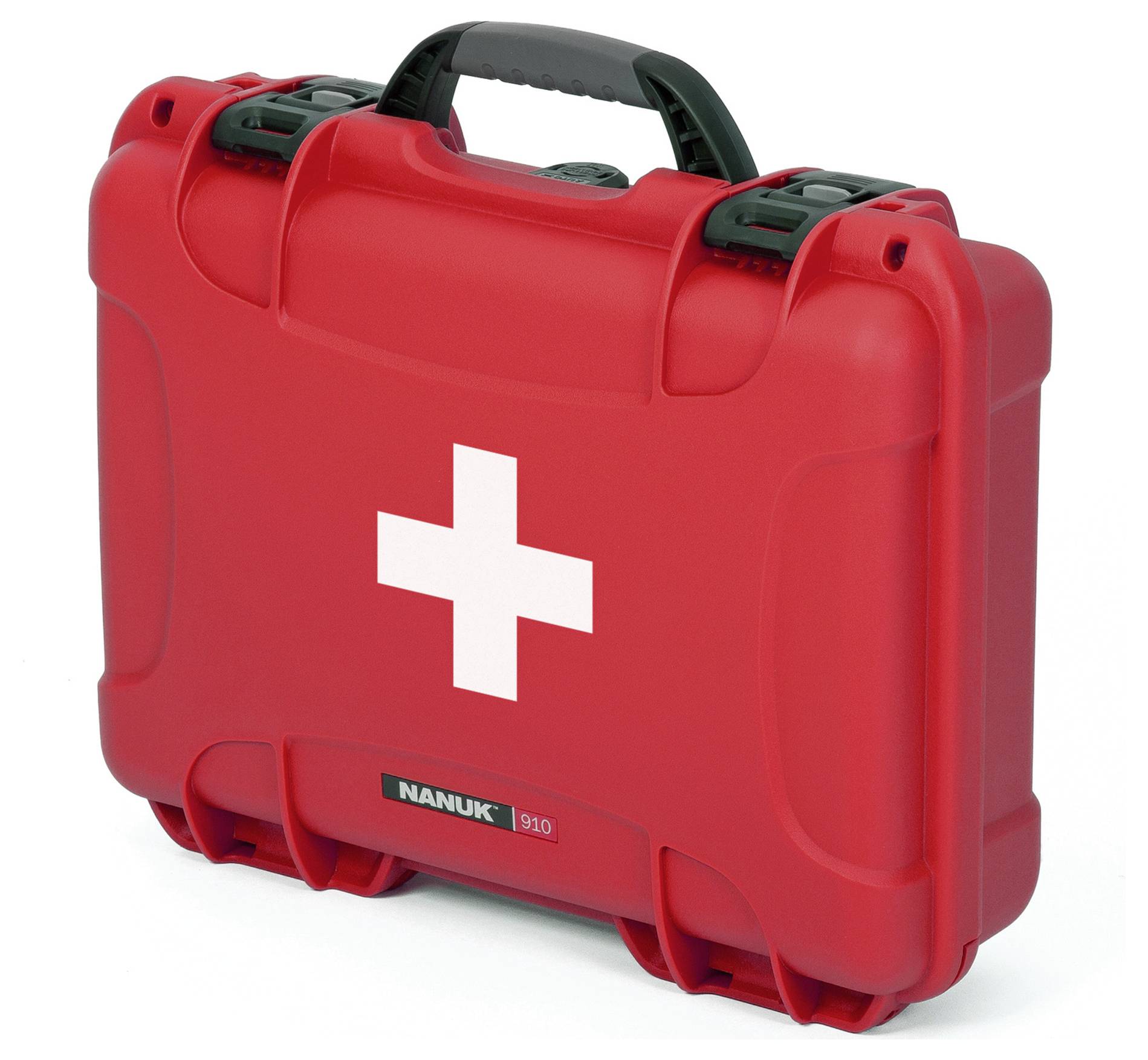 Coffret de premiers secours rouge avec une croix blanche, adapté aux urgences médicales.