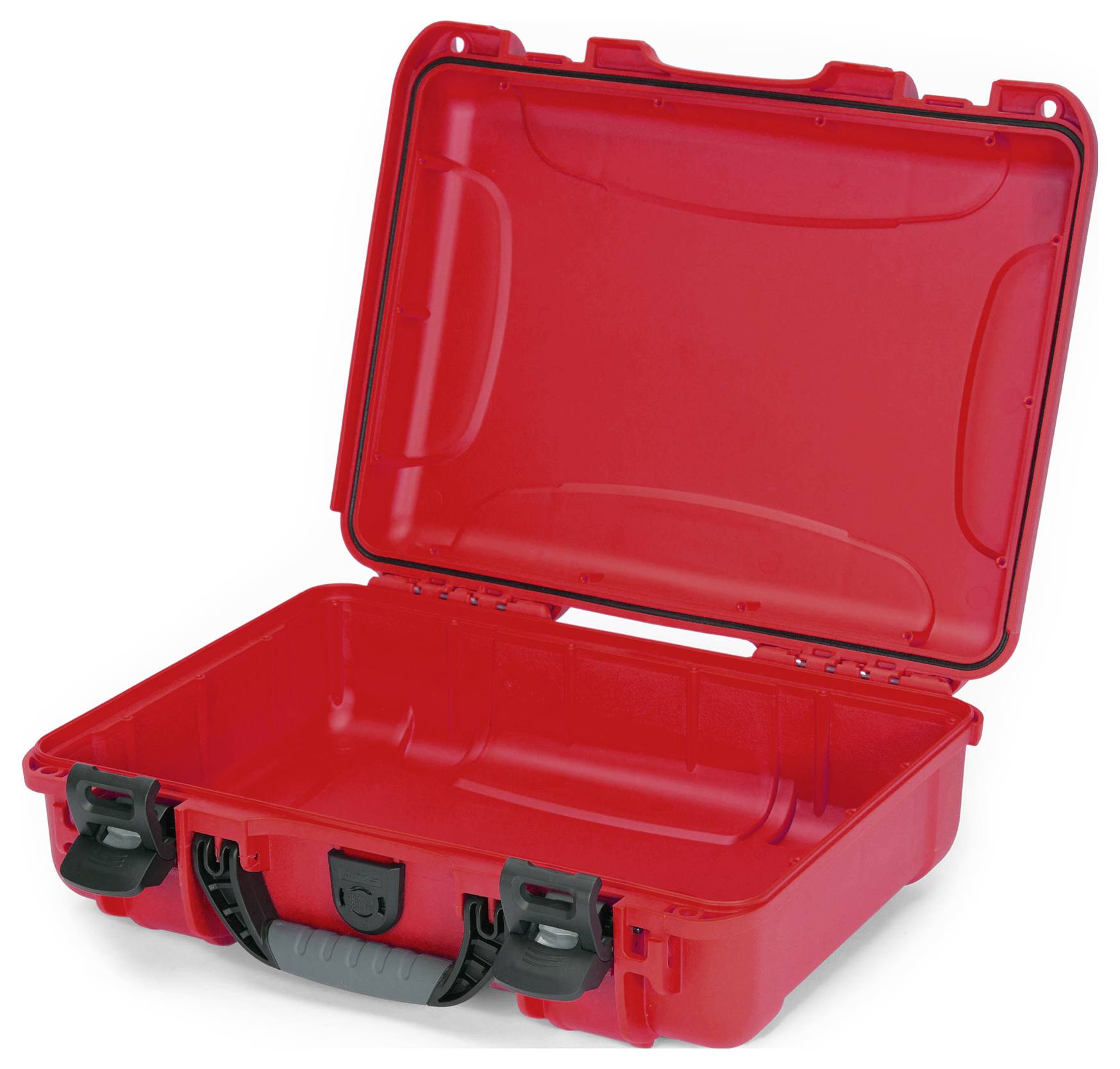 Valise rigide rouge, ouverte, avec une poignée noire, intérieur vide. Adaptée au transport sécurisé d'objets fragiles.