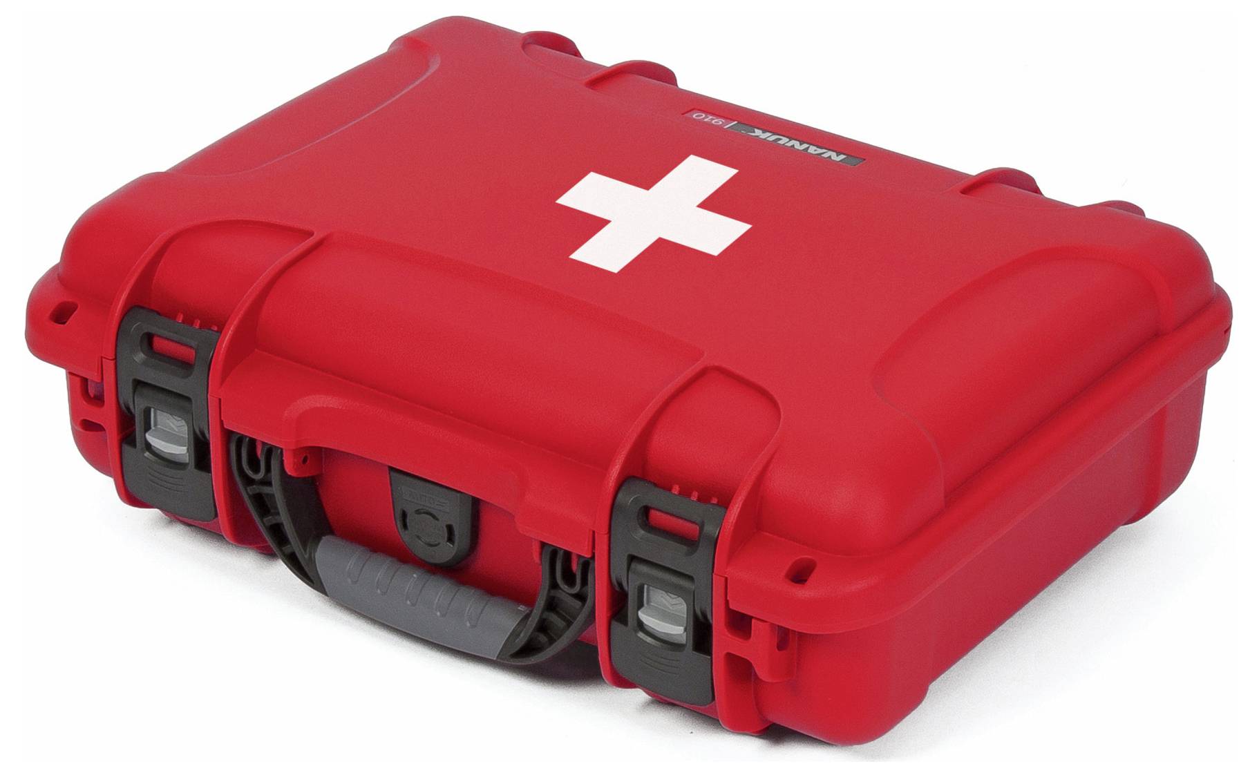 Un coffret de premiers secours rouge avec une croix blanche sur le couvercle.
