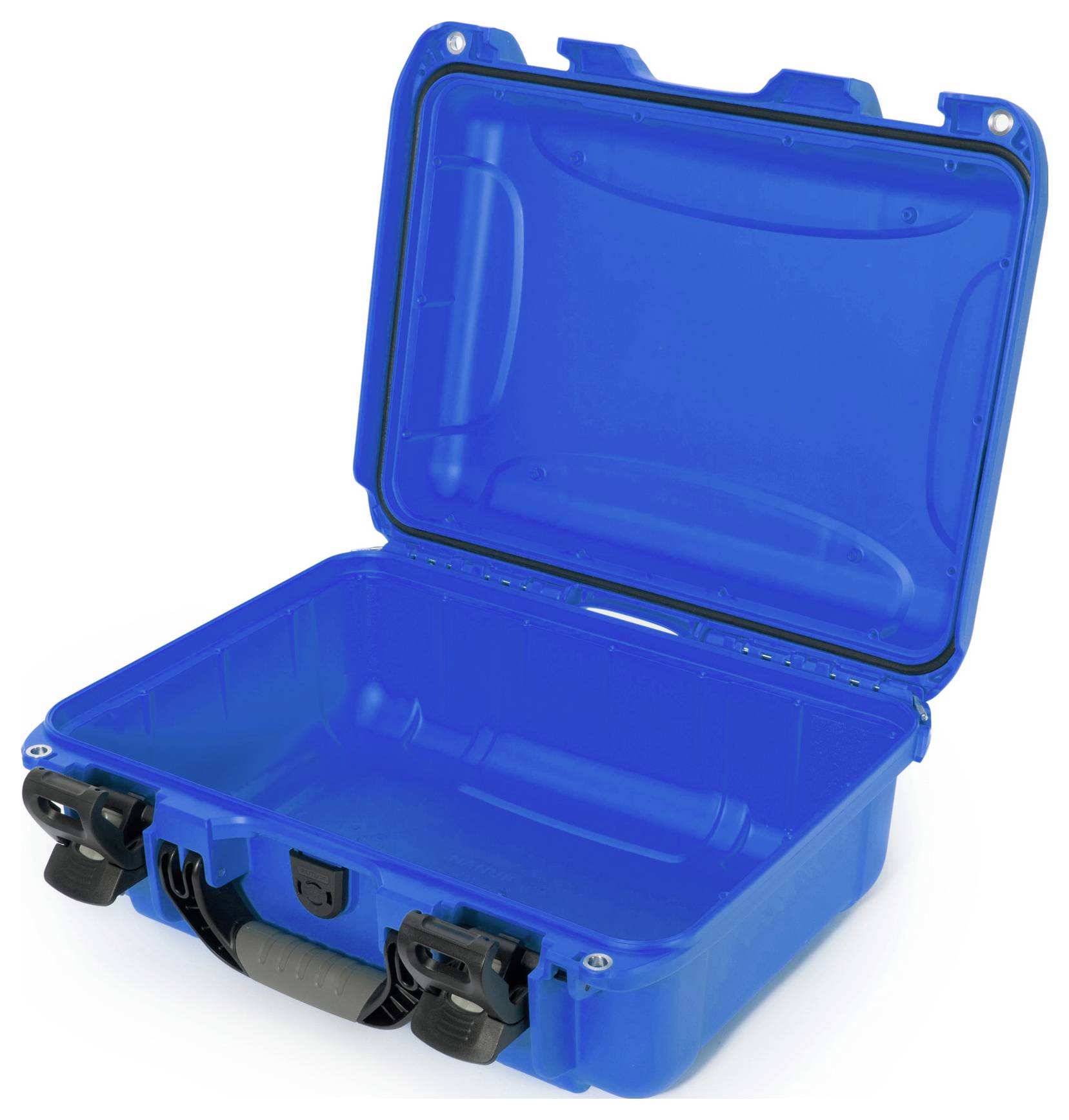 Une valise rigide ouverte de couleur bleue, robuste, avec une poignée noire, adaptée au transport sécurisé d'objets fragiles.