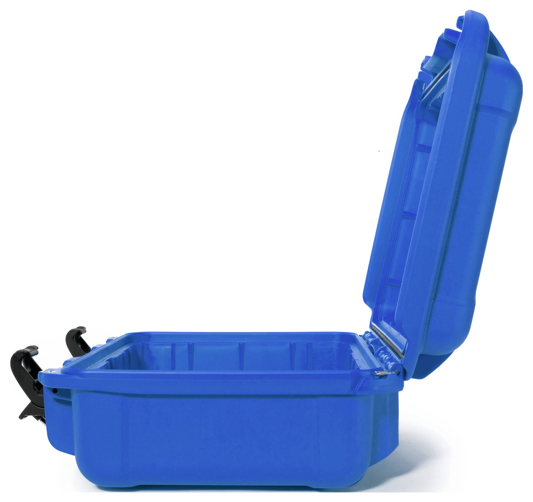 Boîte en plastique bleu avec couvercle ouvert et fermoirs à clips, vue de côté.