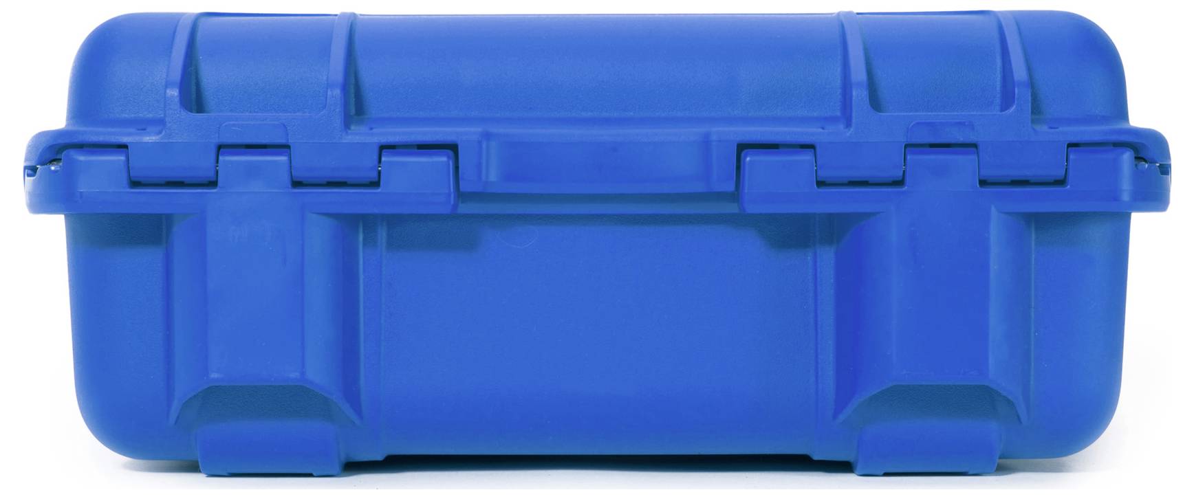 Un coffret de protection bleu, rectangulaire, avec des coins renforcés et une poignée de transport au centre, fermé et conçu de manière robuste.