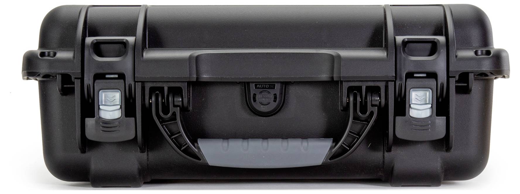 Un étui de protection noir et gris, robuste, avec poignée et deux fermoirs, adapté au transport sécurisé d'appareils délicats.