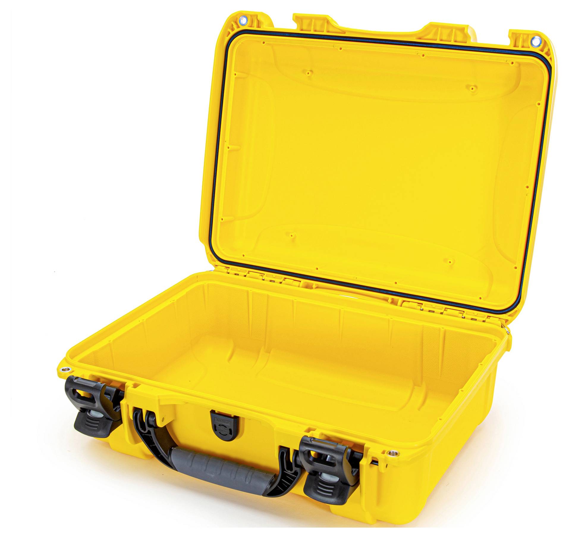 Un coffret de protection jaune ouvert avec des fermoirs et une poignée. Le coffret est vide et montre son intérieur robuste.