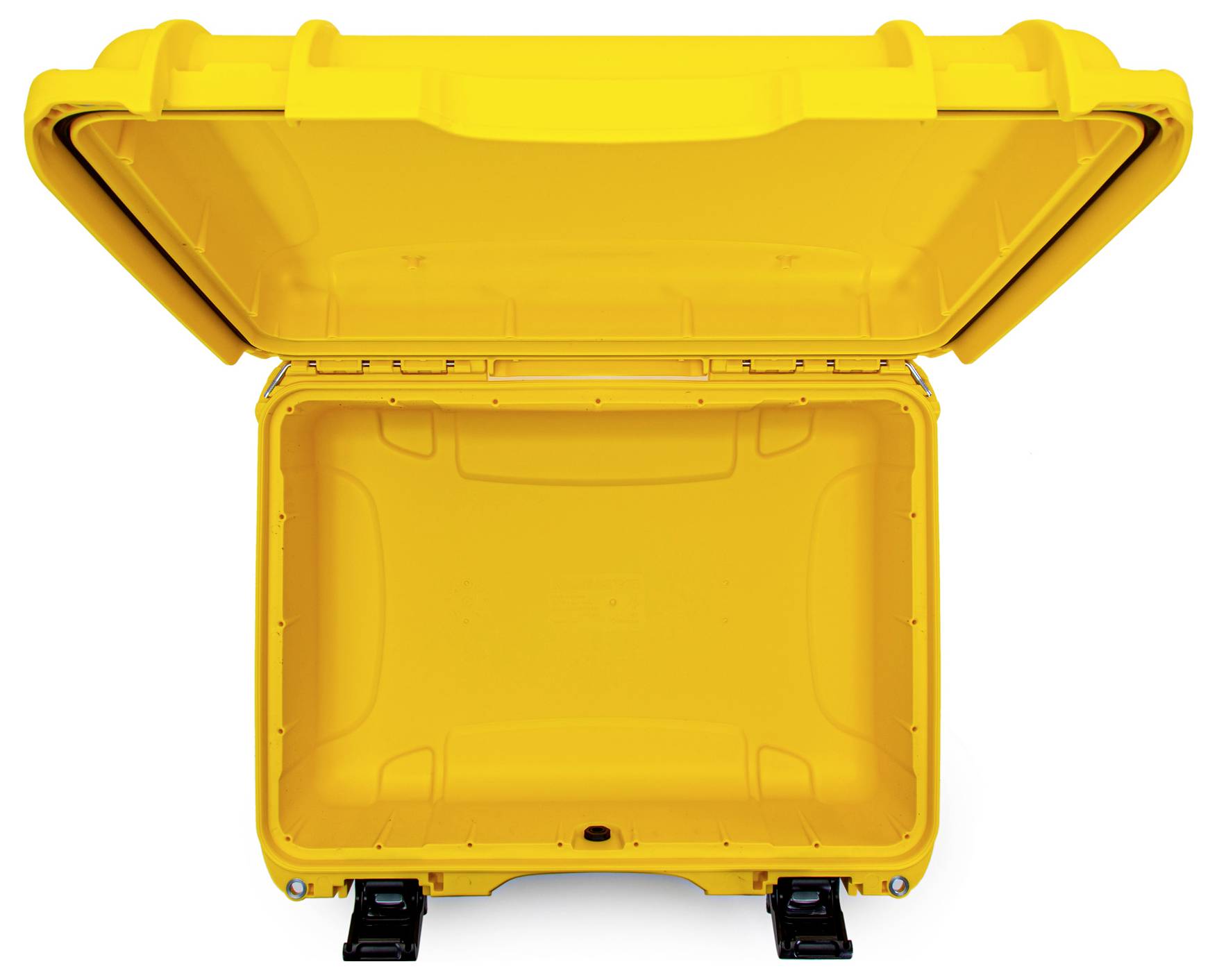 Valise en plastique jaune, ouverte et vide, au design robuste. Adaptée au transport sécurisé d'objets fragiles.